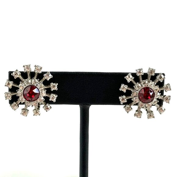 Vintage Sterling Clip-On Earrings, 1940s Rhinestone Starburst - Picture 4 of 7